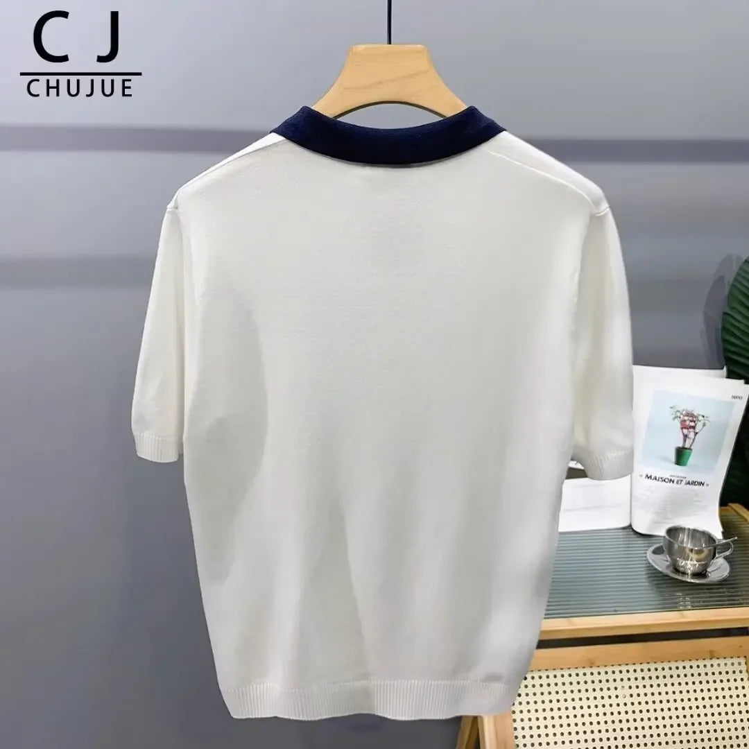Summer Fashion Korean Style Loose Fit Color Blocking Lapel Knit Polo Shirt Men's Sleeves T-shirt Trendy Half Sleeve Body T-shirt