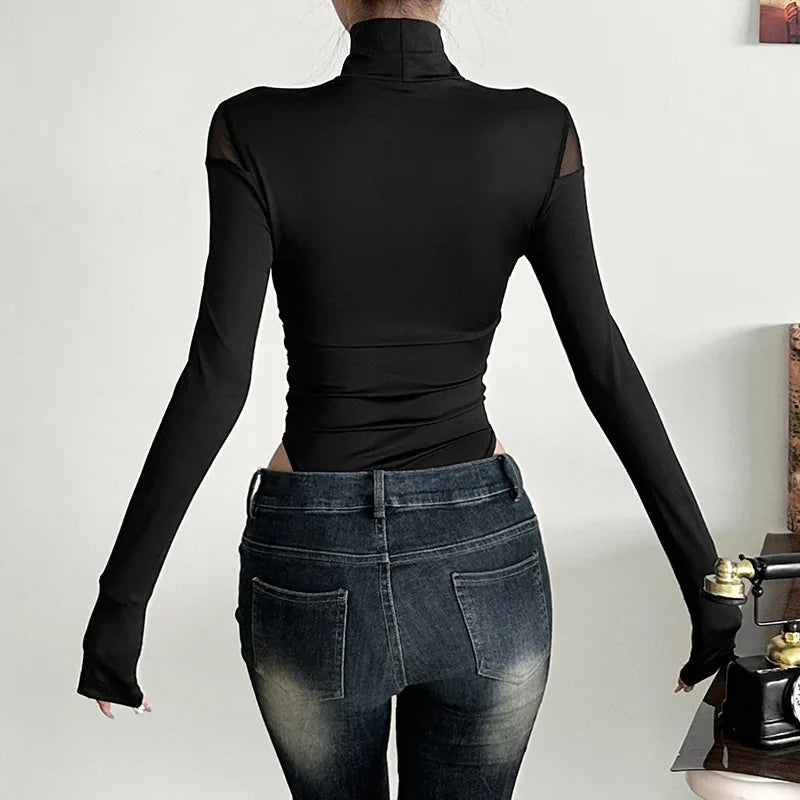 Goth Dark Hollouw Out Long Sleeve Skinny Bodysuit Women Y2K Grunge Mesh Patchwork Playsuits Mall Goth Fashion Street Bodysuits