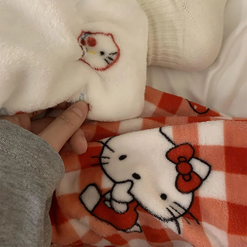 Sanrio Hello Kitty Flannel Pajamas Trouserswomen Kawaii Woolen Cartoon Casual Home Pants Autumn Women's Clothin Girl Gifts