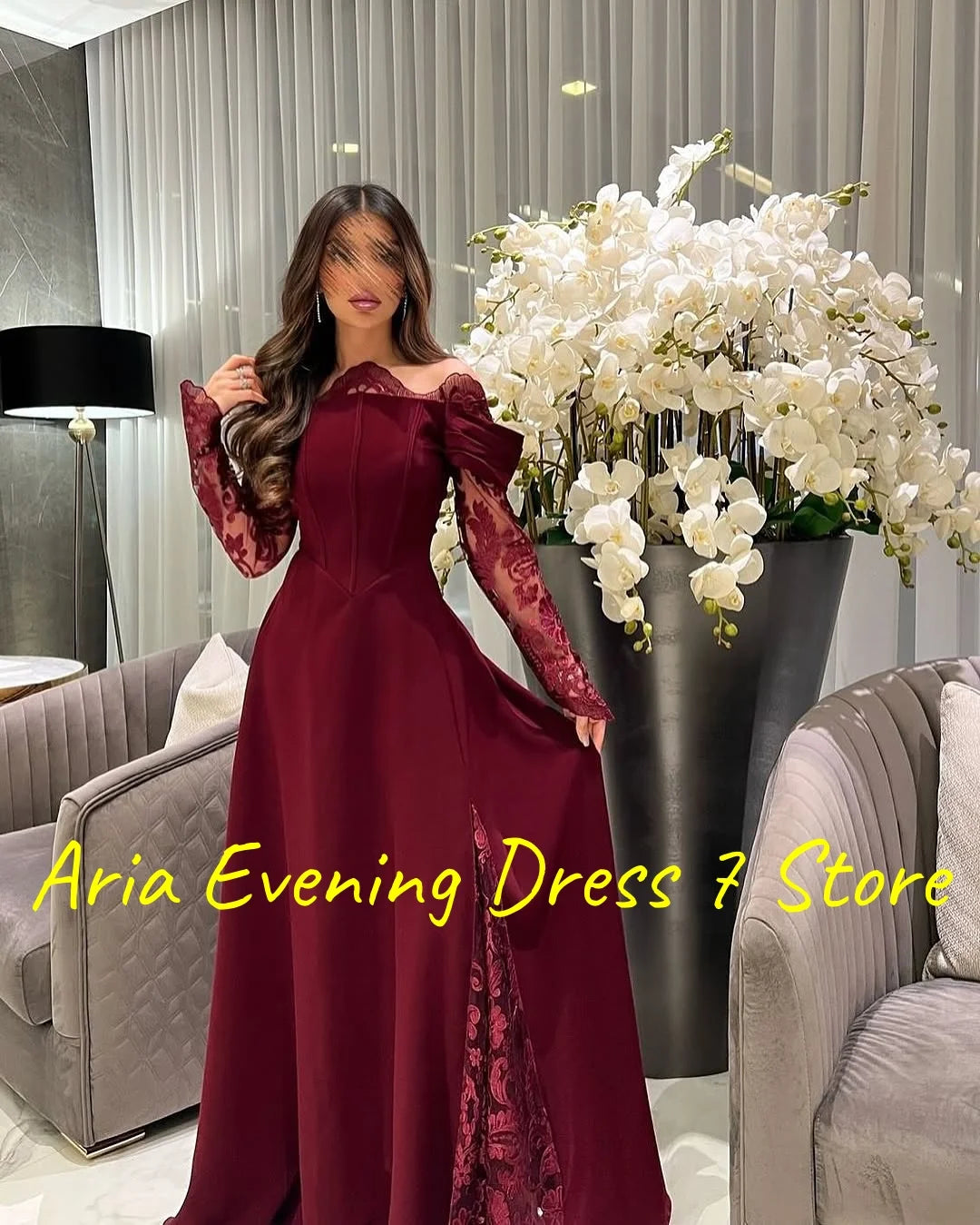 Customized Exquisite Jersey Off the Shoulder Lace Evening Dresses Delicate Long Sleeves Party Dress Custom Made Cocktail Dress