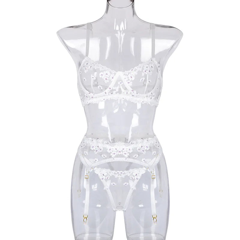 Floral Embroidered Sheer Lingerie Set Underwire Push Up Bra Thong Garter Belt See-Through Corset for Bridal Night Boudoir