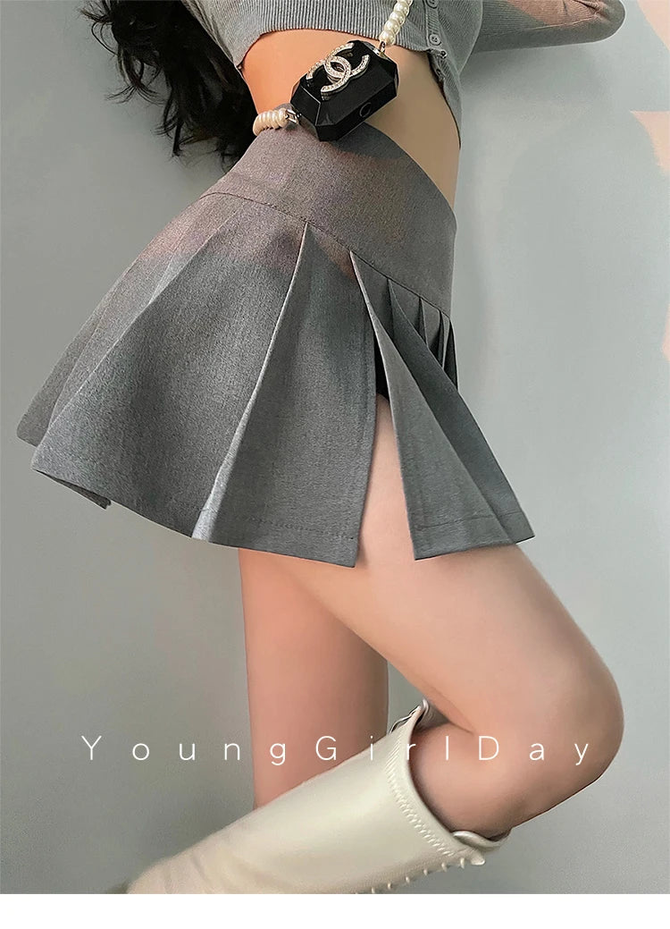 HOUZHOU Sexy Pleated Mini Skirt Women Fashion 2024 Grey Side Split High Waist A-line Slim Short Skirts Korean Y2K Skort Preppy