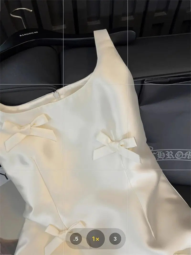 Women Elegant Mini Dress Satin Bow Decor Sleeveless Square Neck Slim Fit Suit French Style Party Club Night Summer Outfit