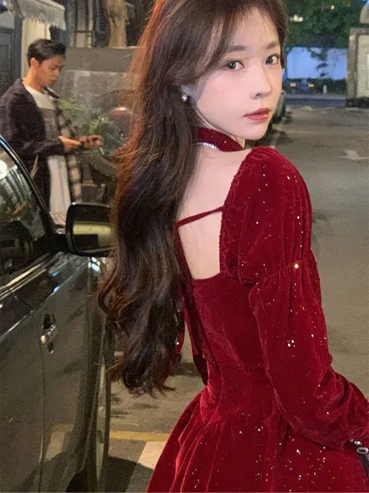 Women's Slim Fit A-line Velvet Dress, Christmas Clothes, Square Collar, Long-sleeved, Red, Sweet, Hot Girl, Autumn Winter