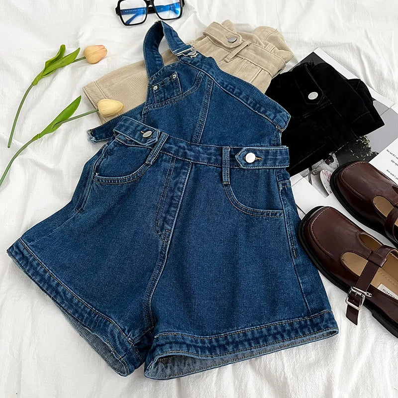 Casual Denim Jumpsuits Women Spring Summe Retro Short  Fashion  One-shoulder Wide Leg Pants 2024 New Cool Girls Streetwear