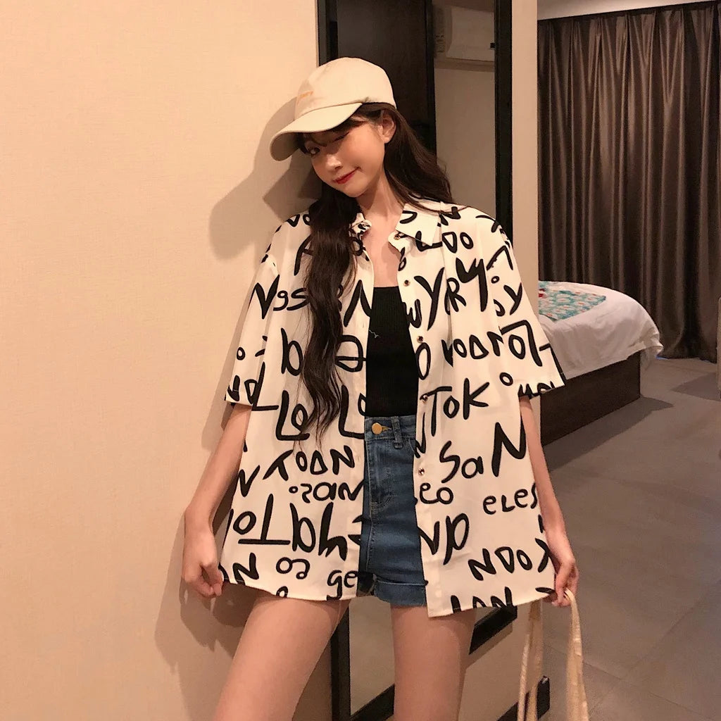 Women's Fashion Casual Loose Short Sleeve Shirt  T-shirt  Alphabet Print Shirt Half Sleeve
