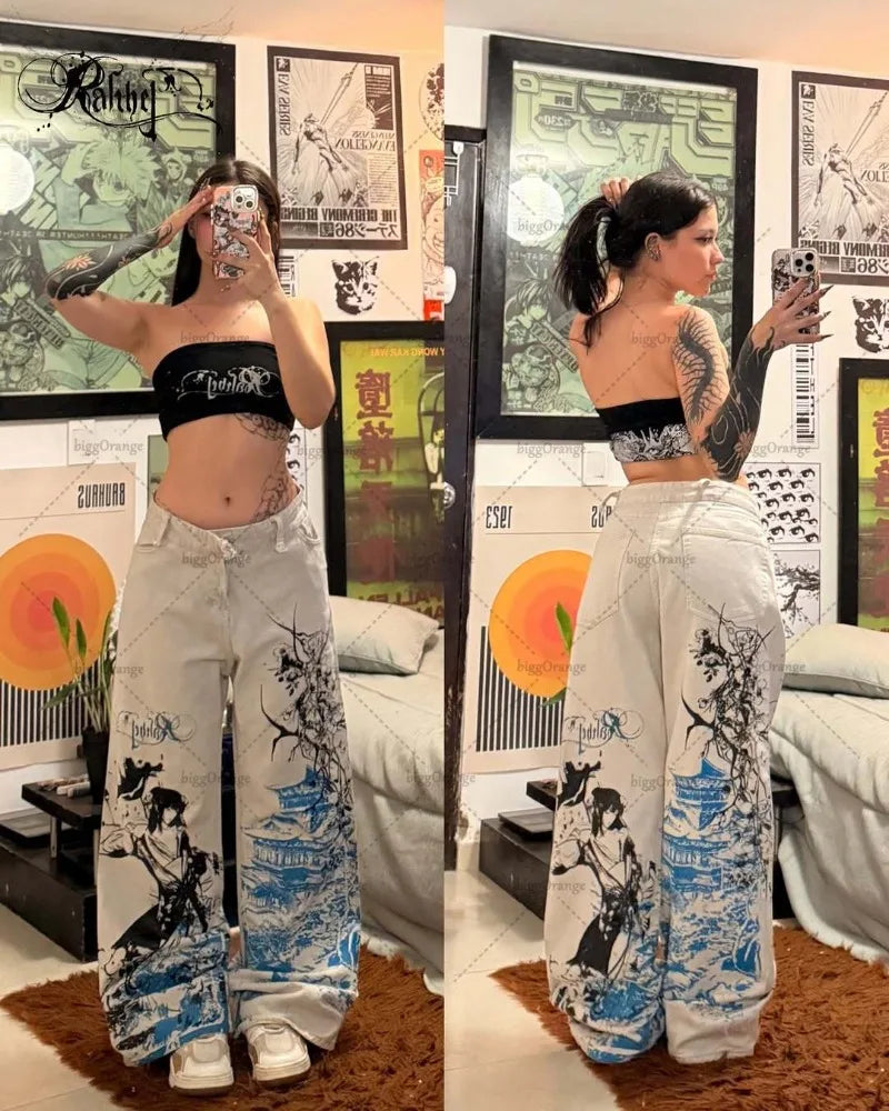 Y2K Harajuku Anime Printed Baggy Cargo Jeans Hip-hop Streetwear Trousers Gothic Punk High Waist Wide-leg Straight Pants Women