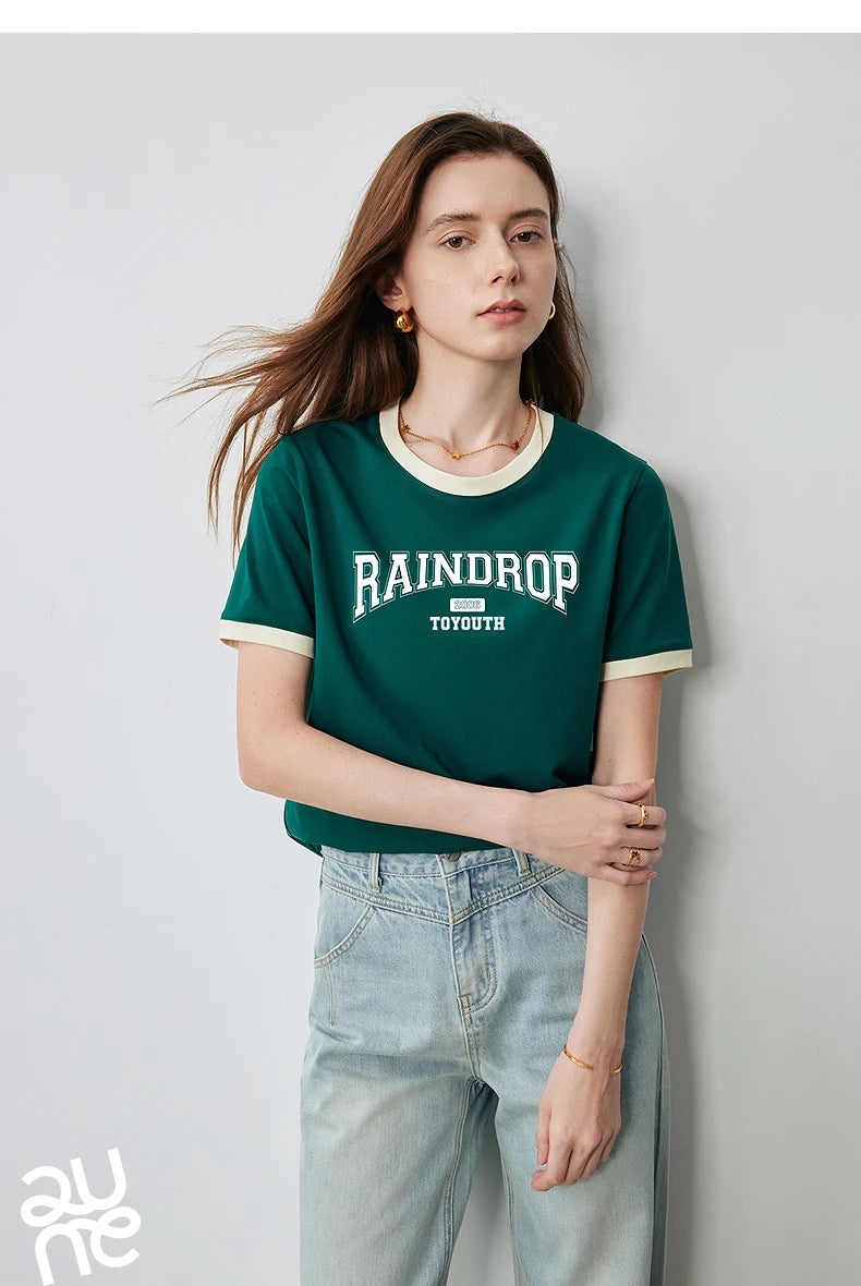 TOYOUTH Women Short Sleeve T shirt 2025 Summer New Color Blocked Letter American Style Antibacterial Cotton Tops GT5210004