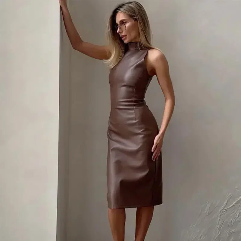 Vintage Midi Leather Dress Women Slim Turtleneck Sleeveless Hip Package Female Dresses 2025 Spring Lady Elegant Party Vestidos