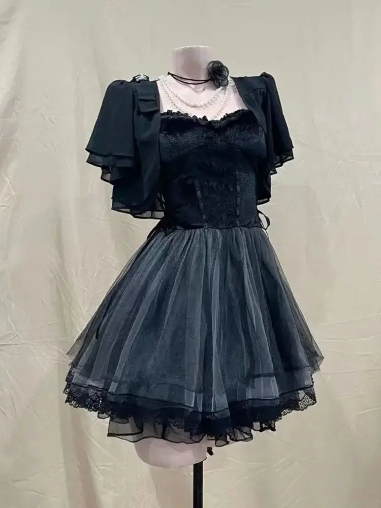 Gothic Vintage Y2k Lolita Style Dress Sets Women Sweet Short Cardigan Slim Retro Mini Skirt Korean Fashion Party Suit Chic