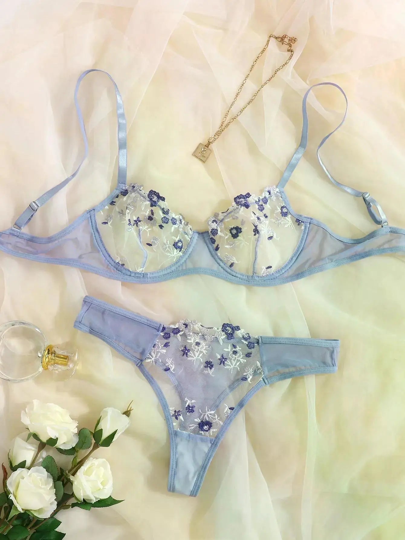 Transperant Lingerie Set Women Mesh Net Sexi Lenceria Sensual Mujer Bra Sets Embroidery Floral Underwired