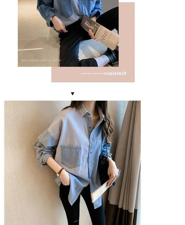 Womens' Splicing Striped Shirt Fashion Spring Autumn Versatile Thin Outerwears Korean Fashion Loose Blue Denim Jackets