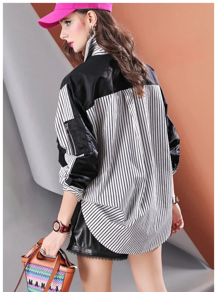 High Quality Loose Fake Two Piece Mid-Length Women's Casual Striped Shirt