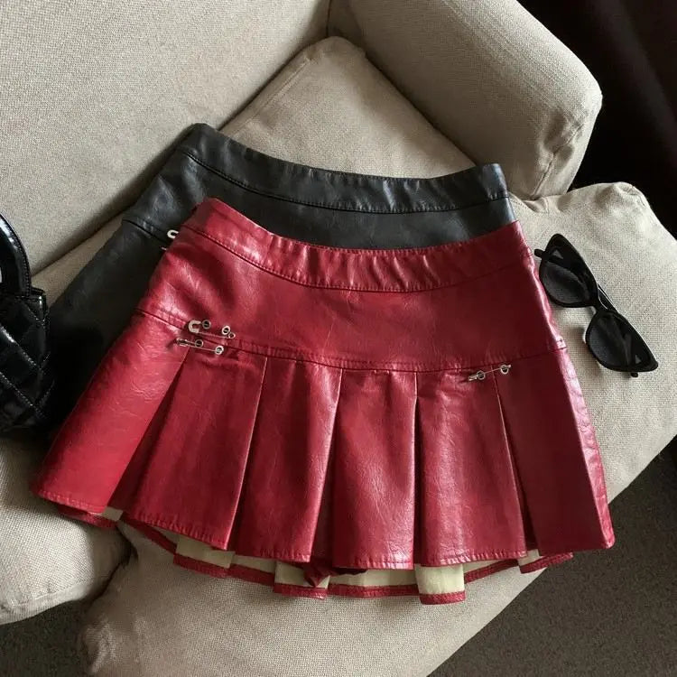 American PU Leather Pleated Skirt Women Slim High-waisted Design Mini Skirt Red Black