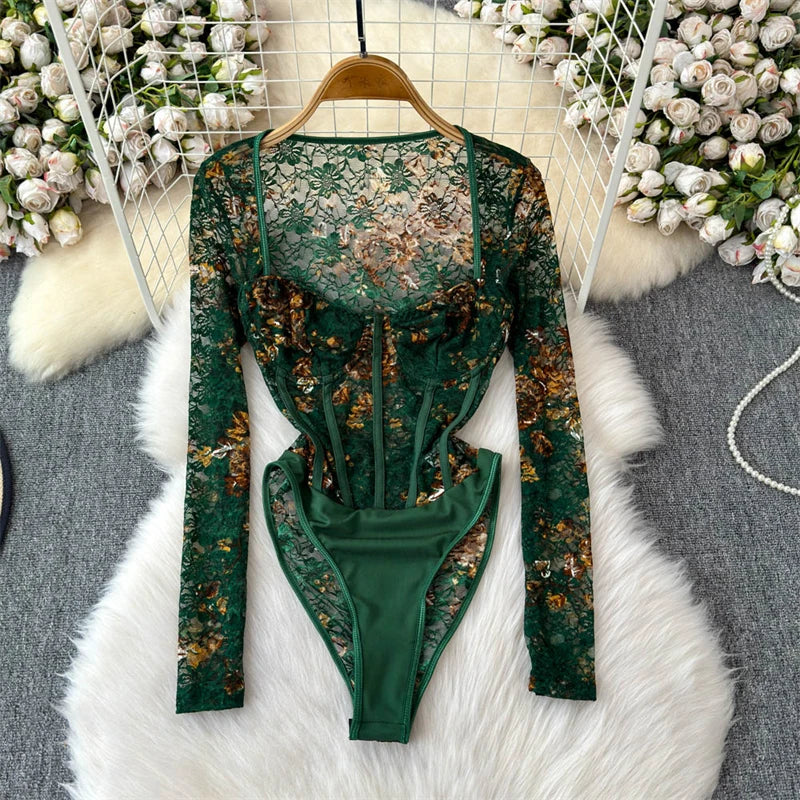 Women's Green Lace Jumpsuits Vintage Skinny Playsuits Harajuku Long Sleeve Square Collar Exotic Sexy Rompers Coquette Clothes