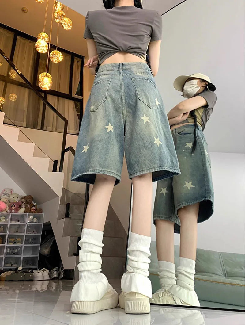American Style Vintage Women's Short Jeans High Waisted Washed Wide Leg Denim Pants Woman Fashion Do Old Star Knee Length Shorts
