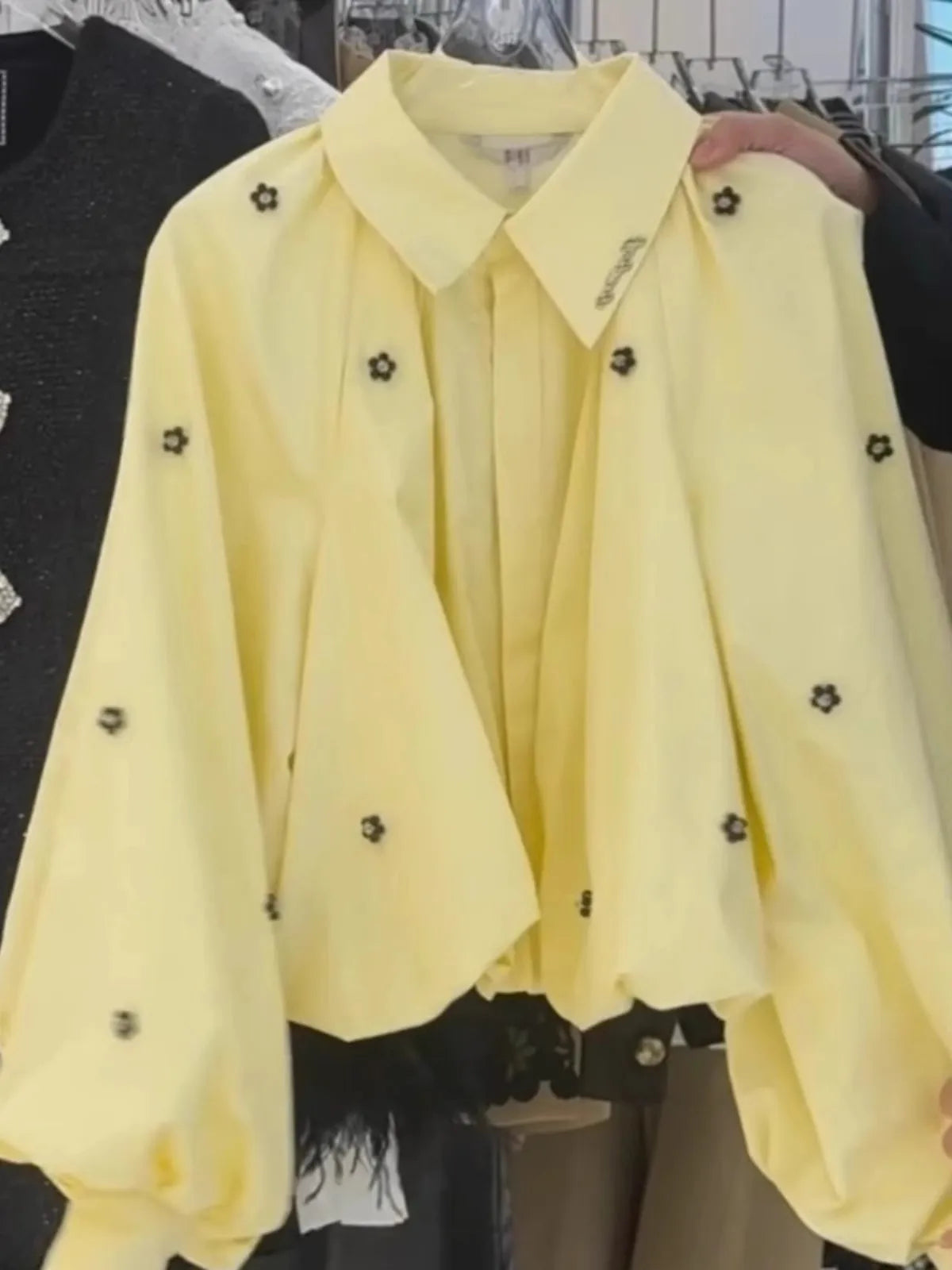 Women's Look Younger Instantly Elegant Shirt Turn-down Collar Long Puffy Sleeve Cropped Blouse Spring Casual Office Lady Blouse