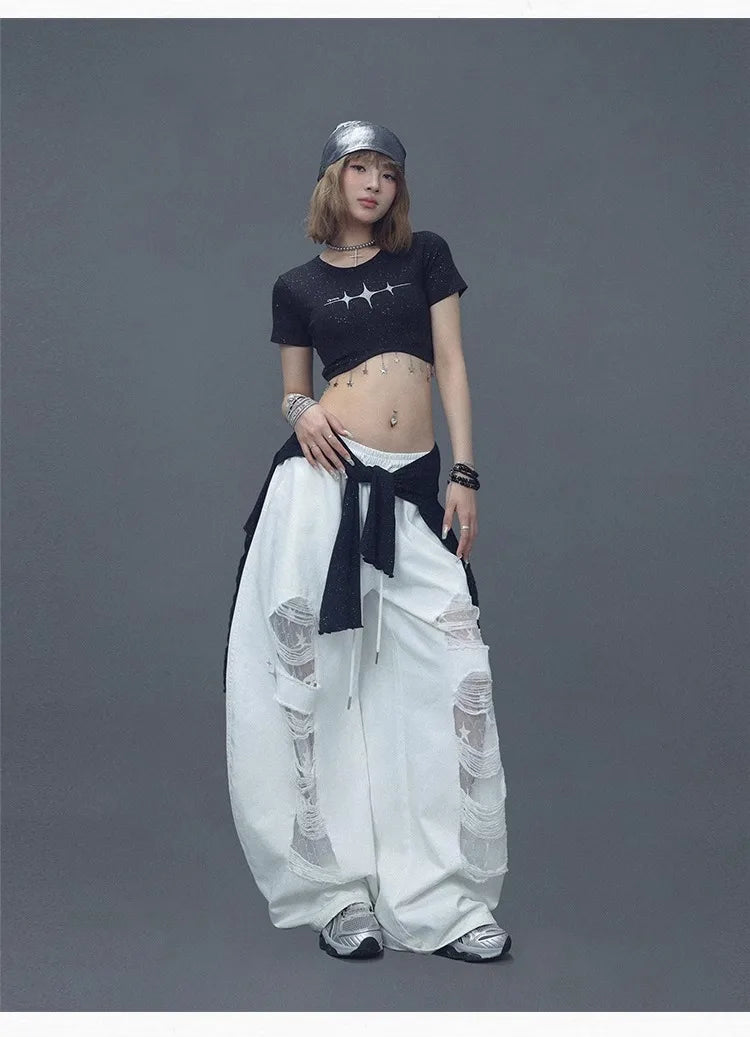 CBXLAB Street Dance Women'sWhite denim patchwork distressed dance pants with long design for jazz dancers, spicy and casual