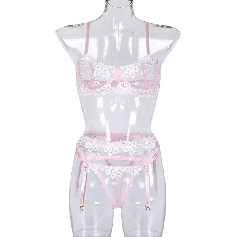 Floral Embroidered Sheer Lingerie Set Underwire Push Up Bra Thong Garter Belt See-Through Corset for Bridal Night Boudoir