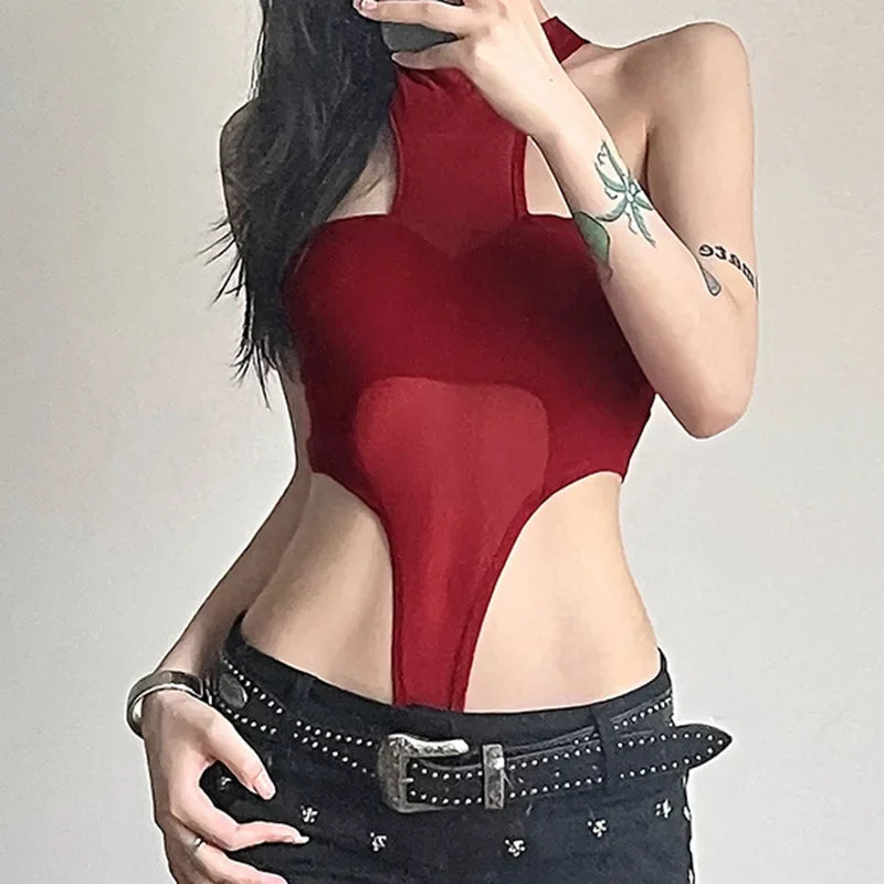 Red Lingerie Sexy Bodysuit Transparent Mesh Body Feminino Neck-mounted One-pieces Backless Tops For Women Y2k Clothes Bustier