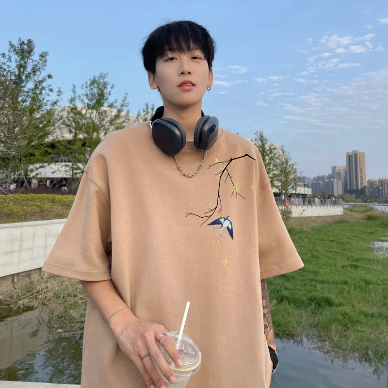 Men's Oversized T-shirts Mens Cotton T Shirt White Casual 5XL Summer Wear Fashion Bird Print Tee Shirts for Men Clothing