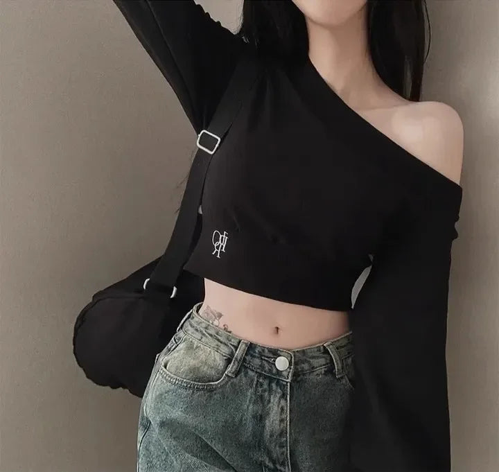 Women's Autumn Off-the-shoulder Sweatshirt Cropped Top Embroidery Loose-fit Windy Sweet Girl Hoodies Thin Material