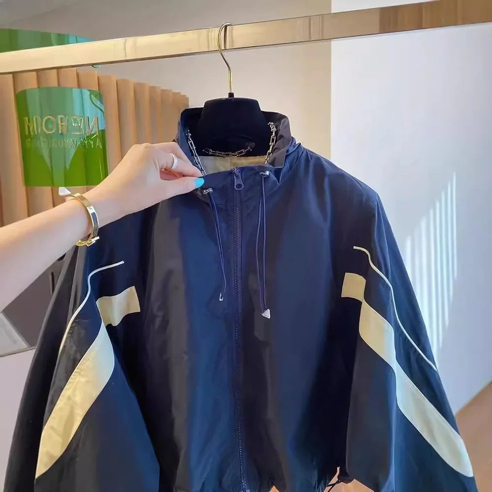 2024 New Design SensibilityNiche Loose-Fit Casual Drawstring Stand Collar Jacket Women's Spring Autumn Baseball Uniform
