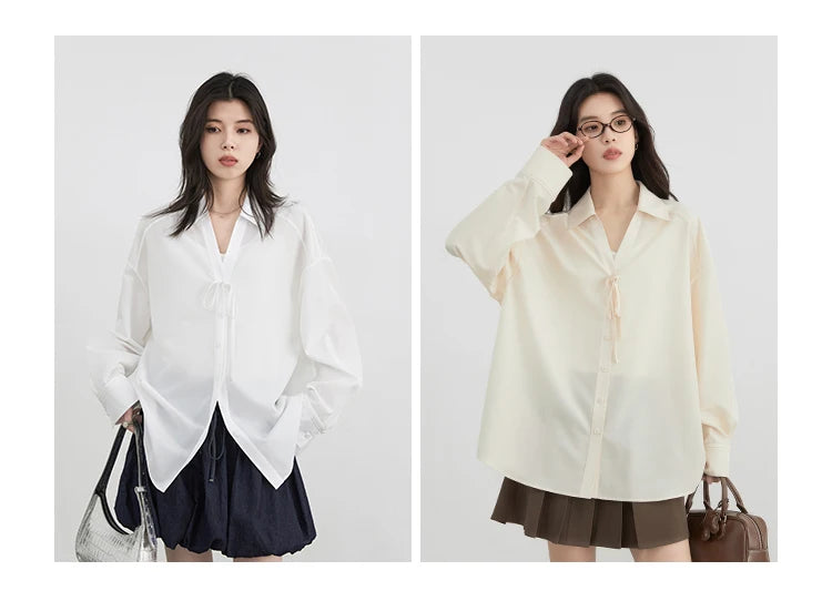 CHIC VEN Women Shirt Loose Casual Solid New Lapel Tie Design Sun Protection Blouses Long Sleeved Female Coat Summer 2025