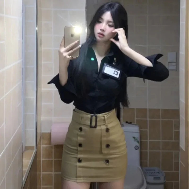 American Style Pure Desire Hot Girl Tight Fit Short Skirt Set Women Summer New Waist Cinch Shirt Two Piece Set Bodycon Dress
