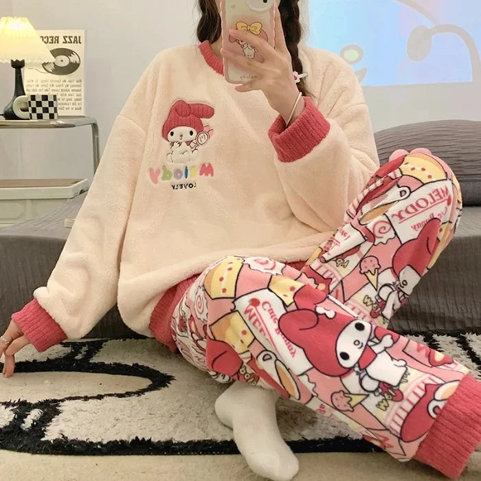 Transborder Flannel Pyjamas Women's Autumn Winter Round Neck Long Sleeve Cute Japanese Cartoon Student Warm Home Clothes Set