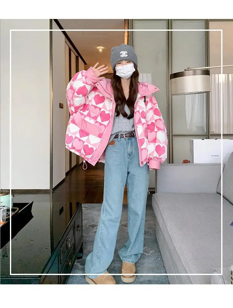 Duck Down Coat for Women, Loose and Thicken Hooded Parkas, Printed Outerwear, Female Bread Jackets, Winter Clothing, New, 2024