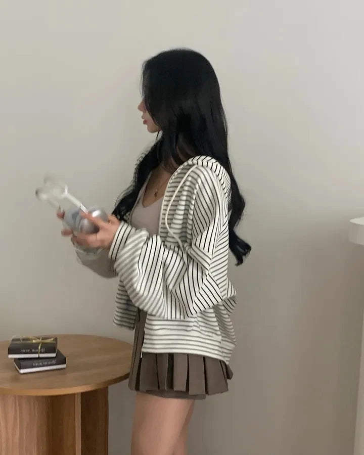 Spring 2025 Women's Chic Loose Casual Lazy Sle Striped Hooded Jaet with ket Open Cardigan Sweatirt Comfortable Fit