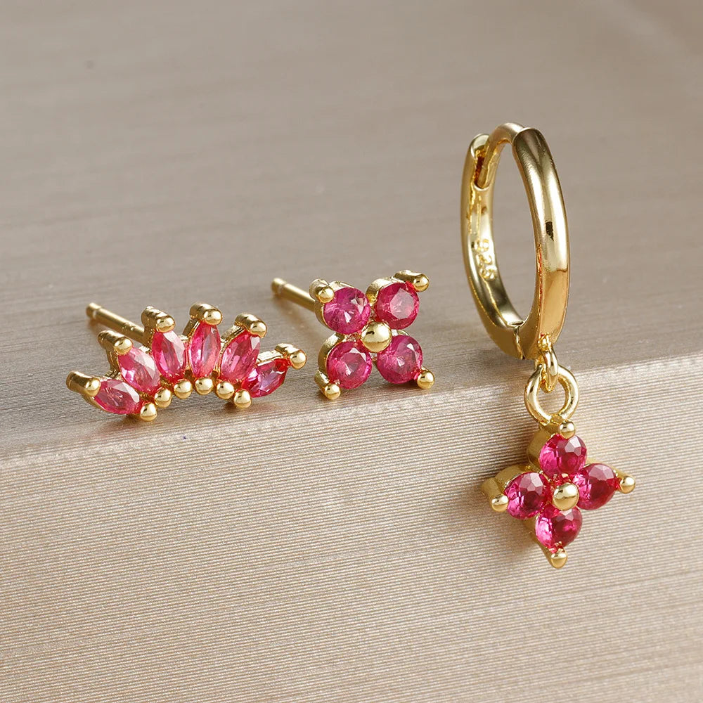 3PCS Fashion Orange Blue Zircon Hanging Earrings Set for Women Stainless Steel Flower Dangle Earring Piercing Jewelry