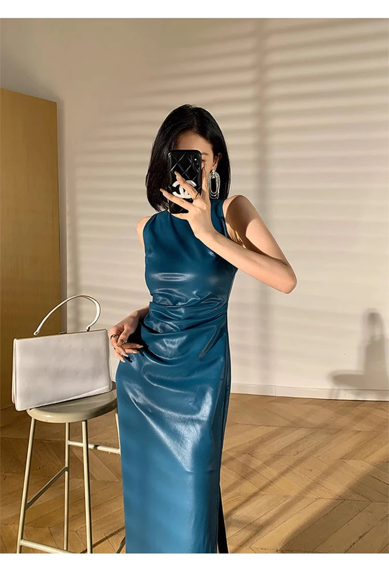 Lautaro Spring Autumn Sleeveless Backless Black Stretchy Blue Soft Faux Leather Midi Tank Dress Women Slim Fit Long Dresses 2023