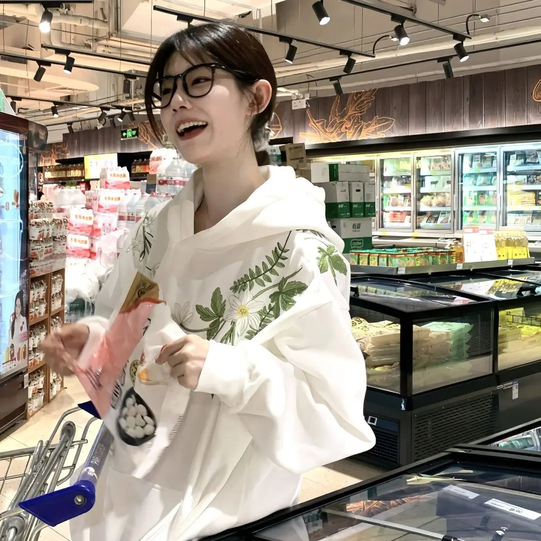 Cotton Floral Embroidery Hooded Sweatshirt for Autumn and Winter Thick American Style New Sweet Pullover Jacket Loose Top