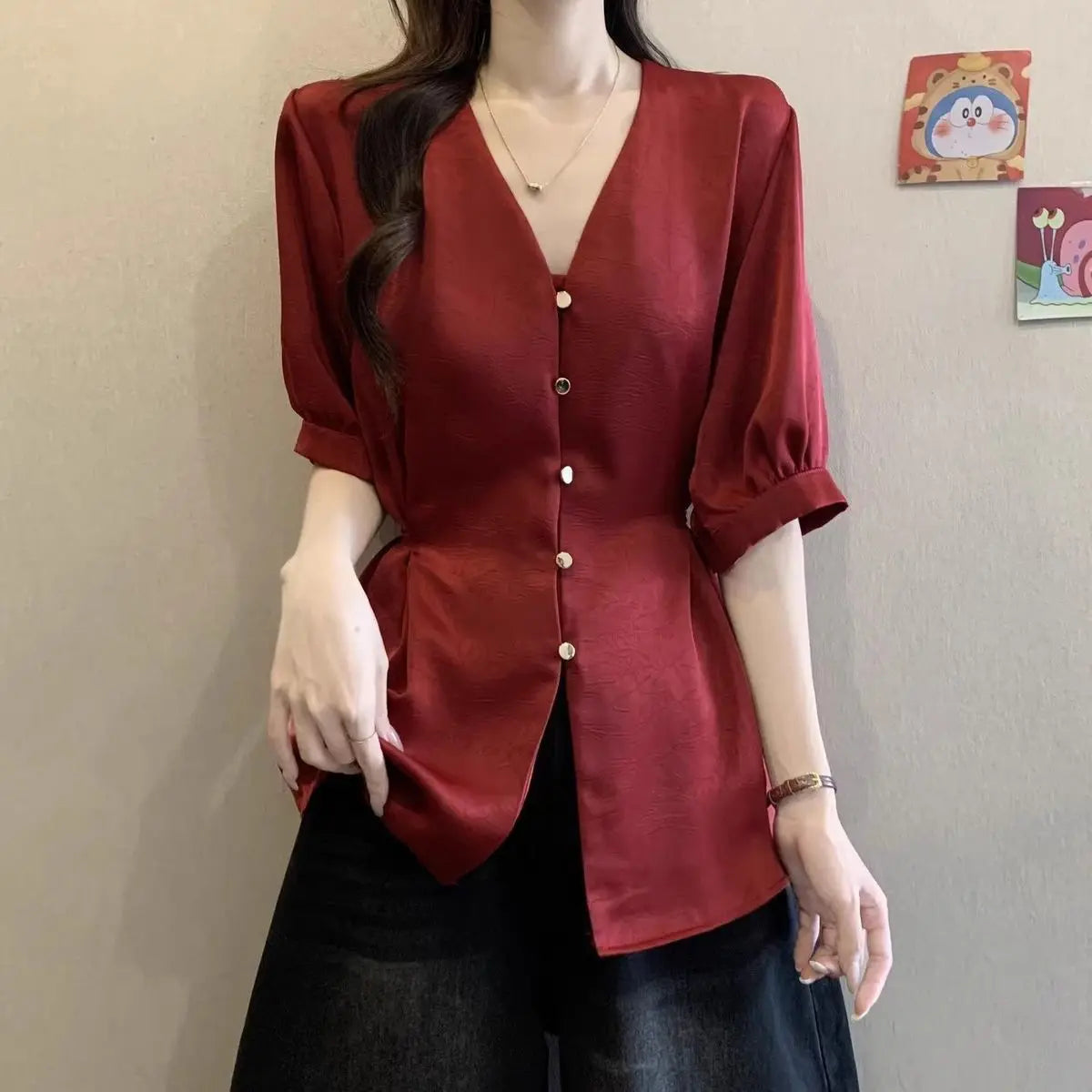 Women Clothes Summer Fashion Korean Button Solid Color V-neck Puff Sleeve Female Simplicity Elegant Temperament Short Sleeve Top