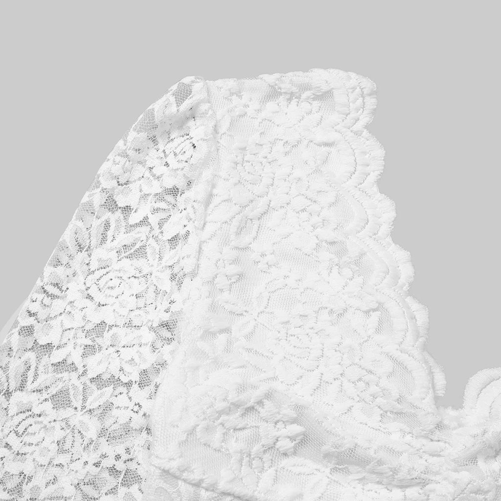 Women Elegant White Lace V-Neck Bodysuits Sexy One Piece Fitted Bodyshaper Jumpsuits Long Sleeves Shapewear Slimming Waist Tops