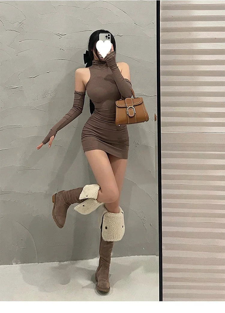 Spring Sexy High Collar Dress Spicy Sweet Tight Pure Desire Style Halter Wrap Hip Dress Women