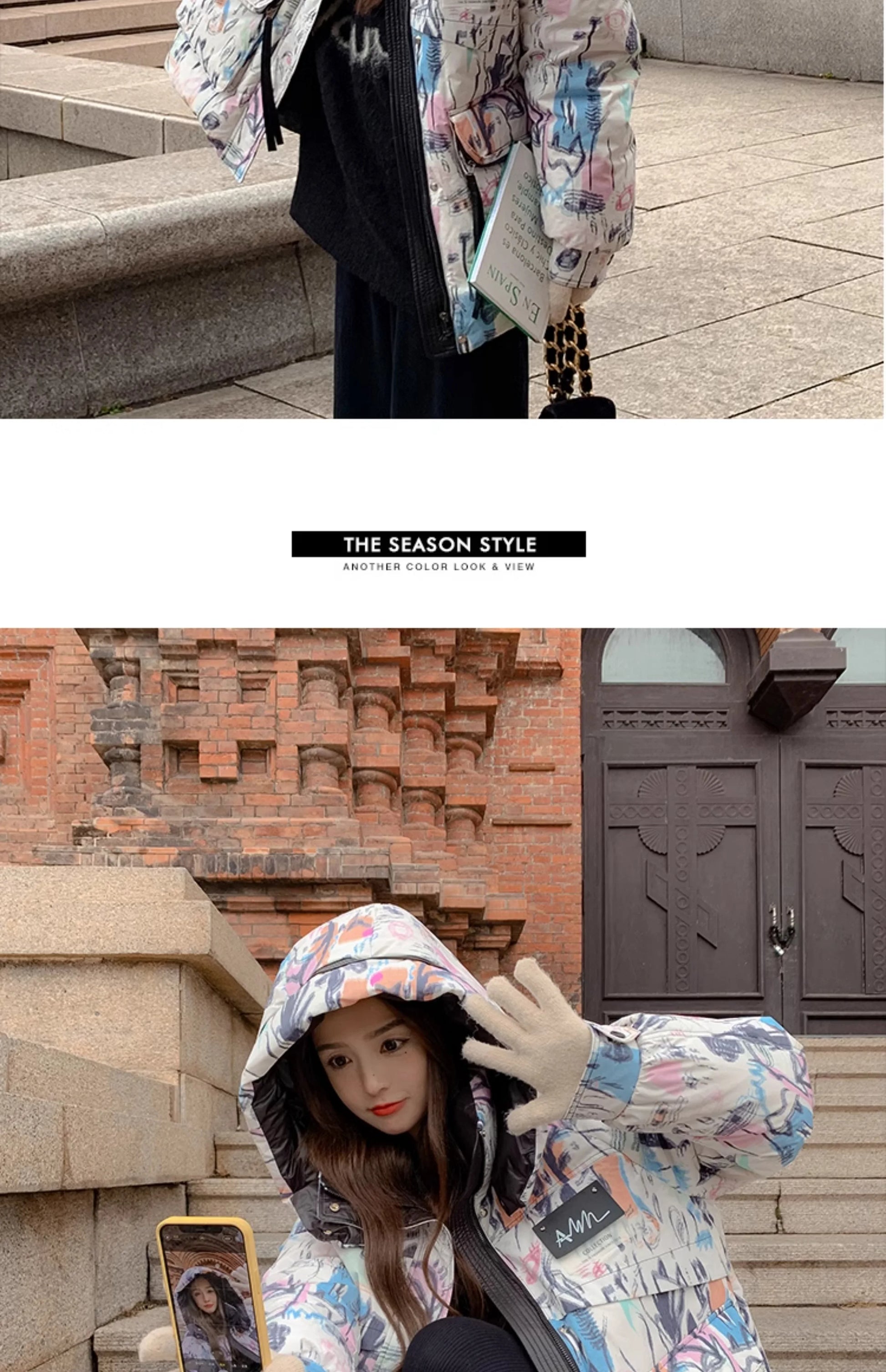 Down Jacket Fashion Short Women's Autumn and Winter Thickened Warm Windproof Warm Loose Hooded Straight Cartoon Anime Print 1Pc