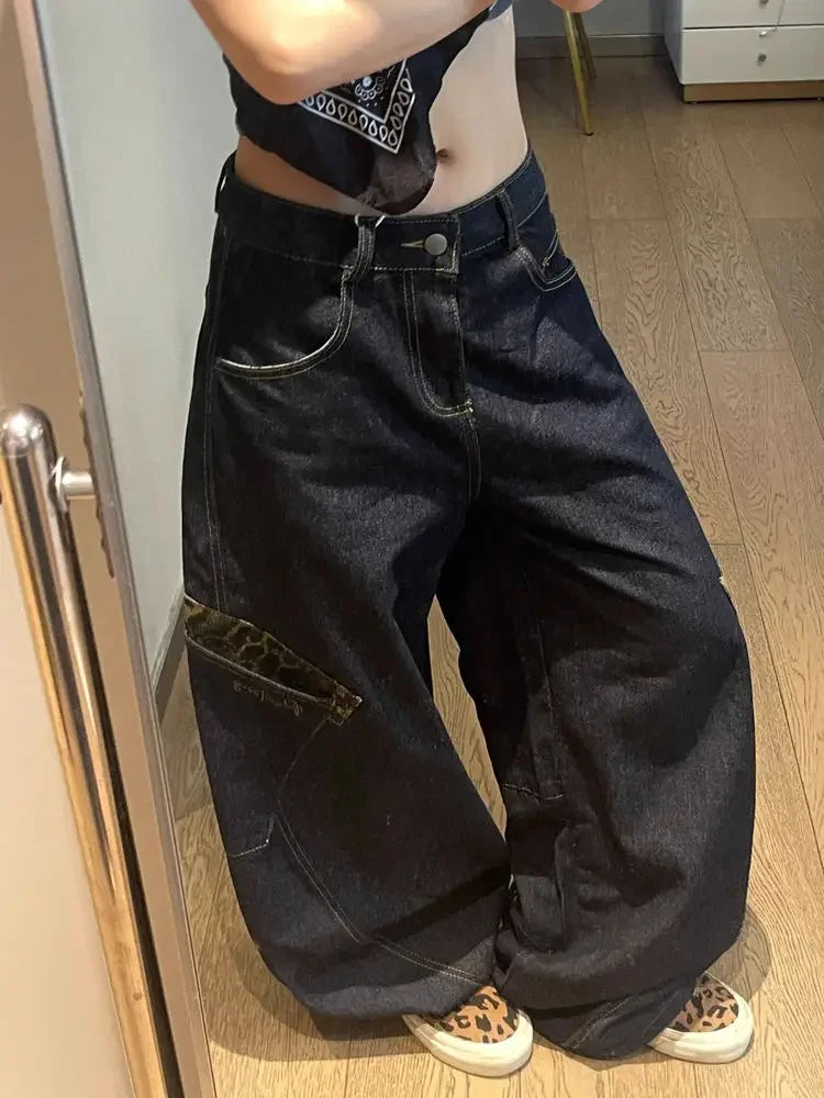 Retro High Street Loose Fit Deep Blue Wide Leg Jeans for Women with Slimming Flare Design Perfect for Autumn Winter Casual Style