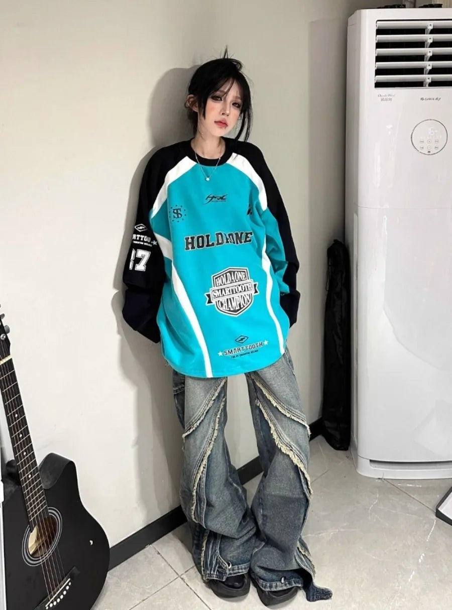 New American Retro Street Brand Color Matching Casual Color Matching Sweater Male Loose Couple Long Sleeve Racing Jacket Female