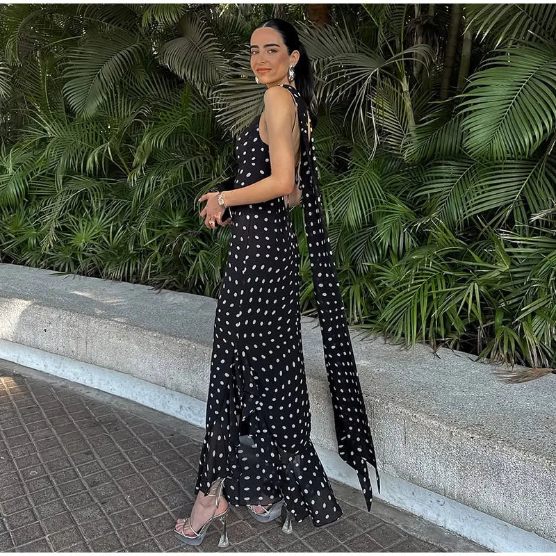 Retro Polk Dot Long Dress With Ribbon Women Sexy Low Cut Sleeveless Pleated Slim Evening Dresses Female Spring Chic Street Party