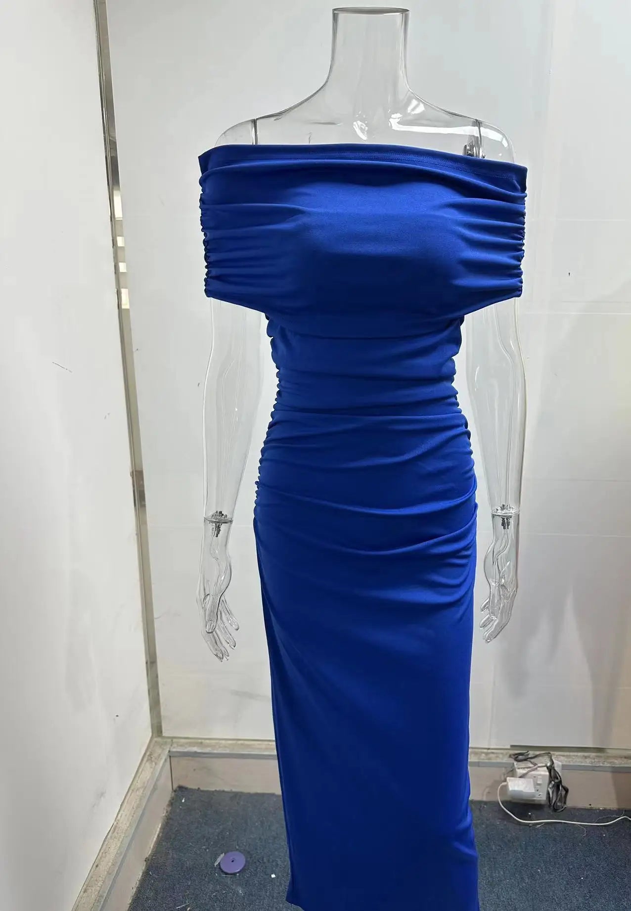 Spring European and American One Shoulder Pleated Dress Slim Fit and Slim Slim Slim Split Bottom Dress Long Dres