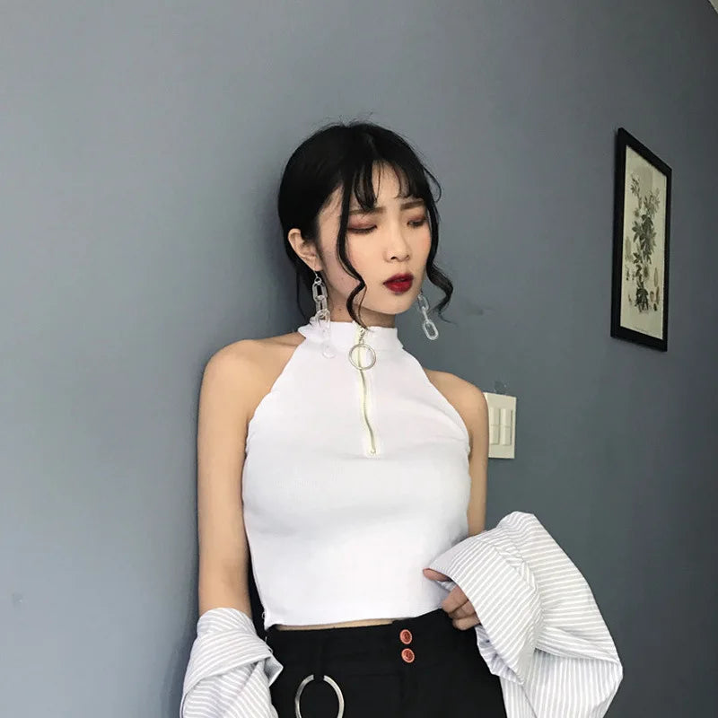 Retro Zipper Crop Tops Women Short Knitted Camisole Sleeveless Leisure Tank Top Camis Summer 2022 New