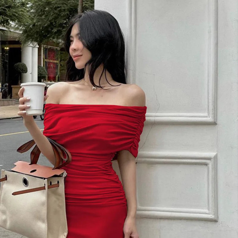 Spring European and American One Shoulder Pleated Dress Slim Fit and Slim Slim Slim Split Bottom Dress Long Dres