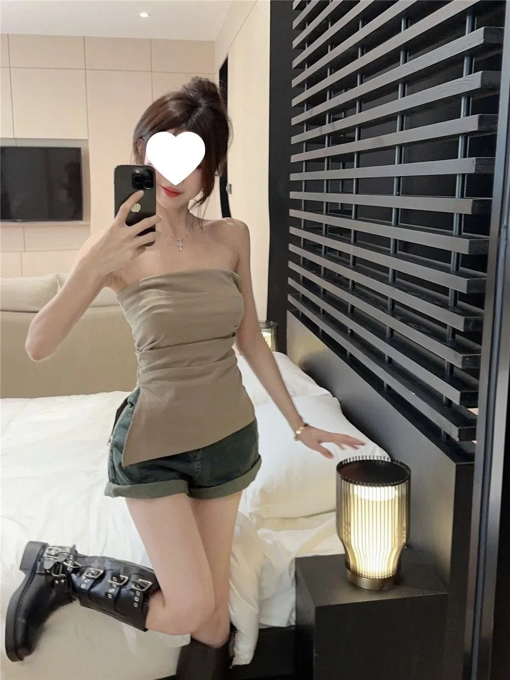 Sexy Open-Back Strapless Sleeveless T-Shirt Women's Spring Autumn Slimming Grey Top Cropped Outer Wear Base Wrap Chest