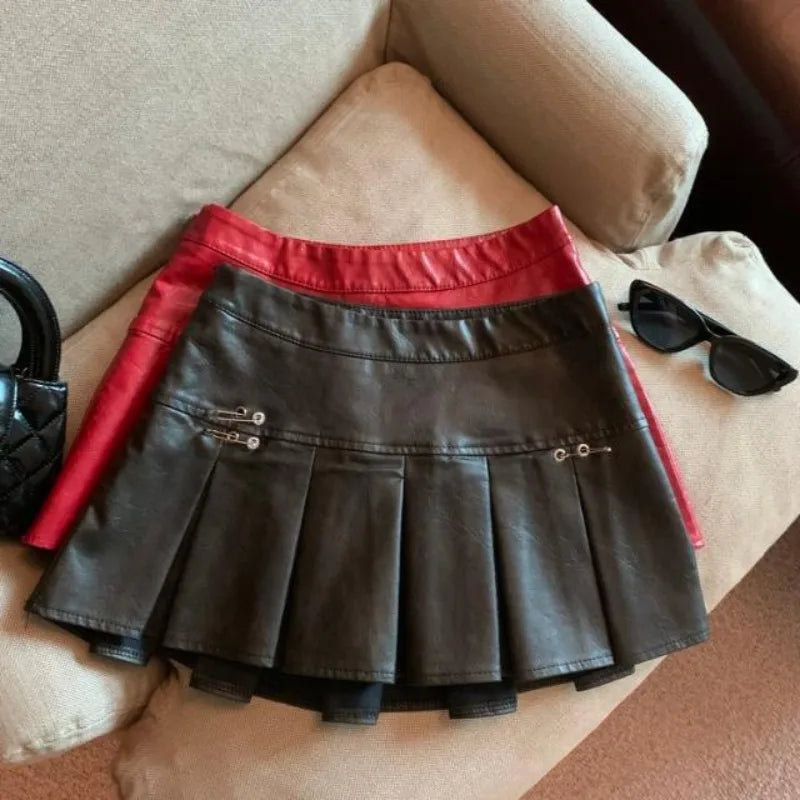 American PU Leather Pleated Skirt Women Slim High-waisted Design Mini Skirt Red Black