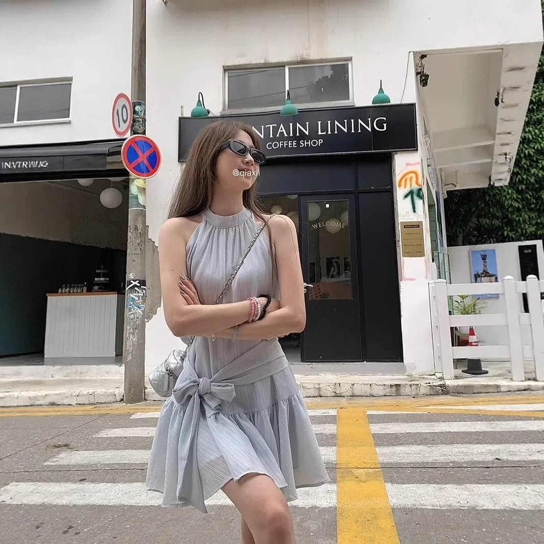 French Style Off-Shoulder Blue Summer Dress Women's Fashion Knot Waist A- Line Mini Skirt Black Short Skirt Sleeveless Gown