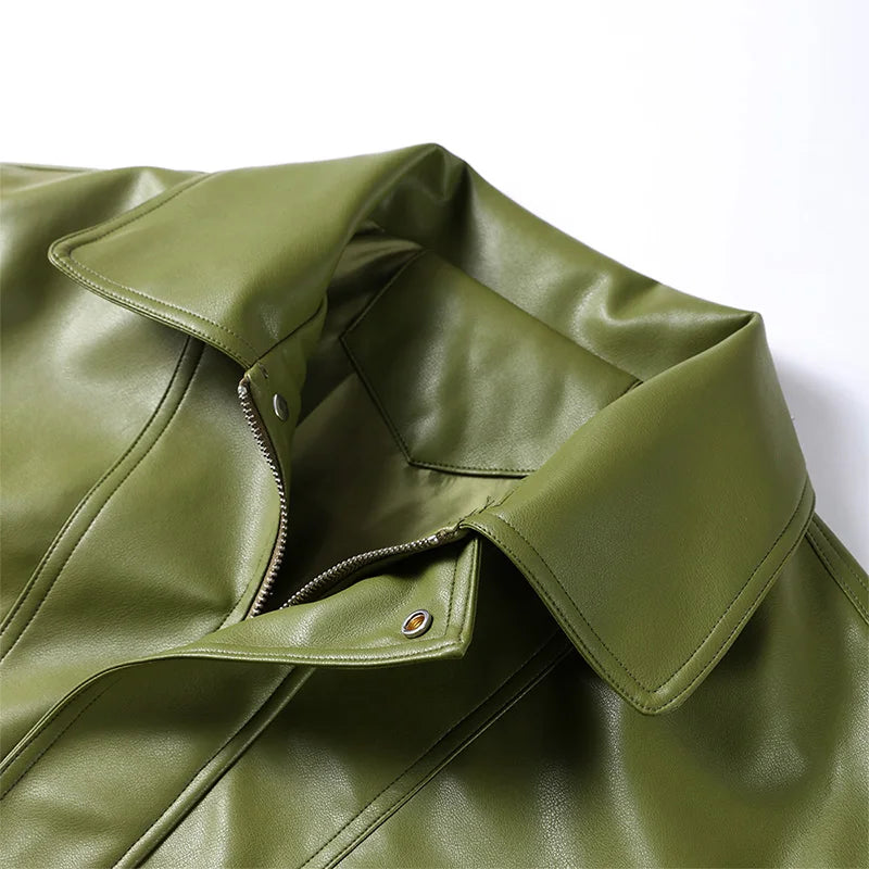 Fashion Green PU Leather Jacket Women Laple Zipper Loose Full Sleeve Single Breasted Cropped Coat 2024 New Lady Solid Streetwear