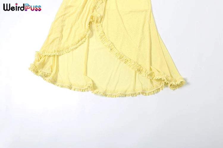 Weird Puss Ruffles Bandage Dress Women Sexy Backless Sleeveless Tassel Lace-Neck See Through Slits Hem Prom Party Long Bodycon